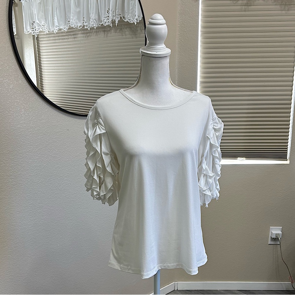 A LOVE STORY • White Flutter Sleeve Short Sleeve Shirt